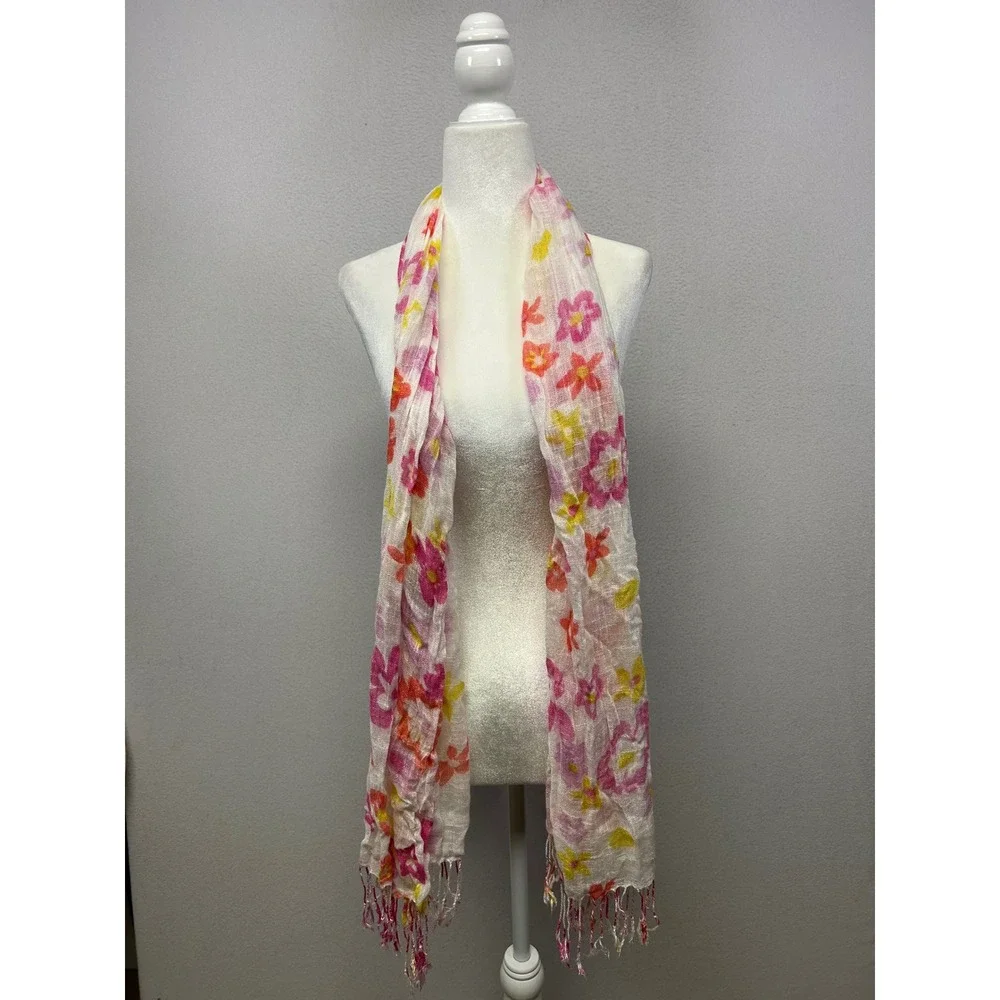 Cottagecore Airy Women OS White‎ Pink Floral Gauze Fringe Scarf Wrap